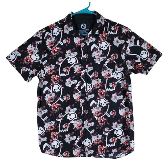 Threadless Obinsun Shirt Floral Skulls Reaper Spellout AOP Button Men L Black SS - Picture 1 of 10